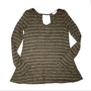 Altar’d State Ribbed V Neck Top Long Sleeve Green Stripe S